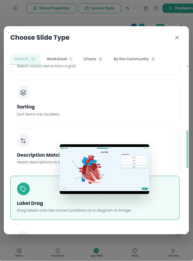 Choose Slide Type modal with tabs for default, worksheet, charts and community activity types
